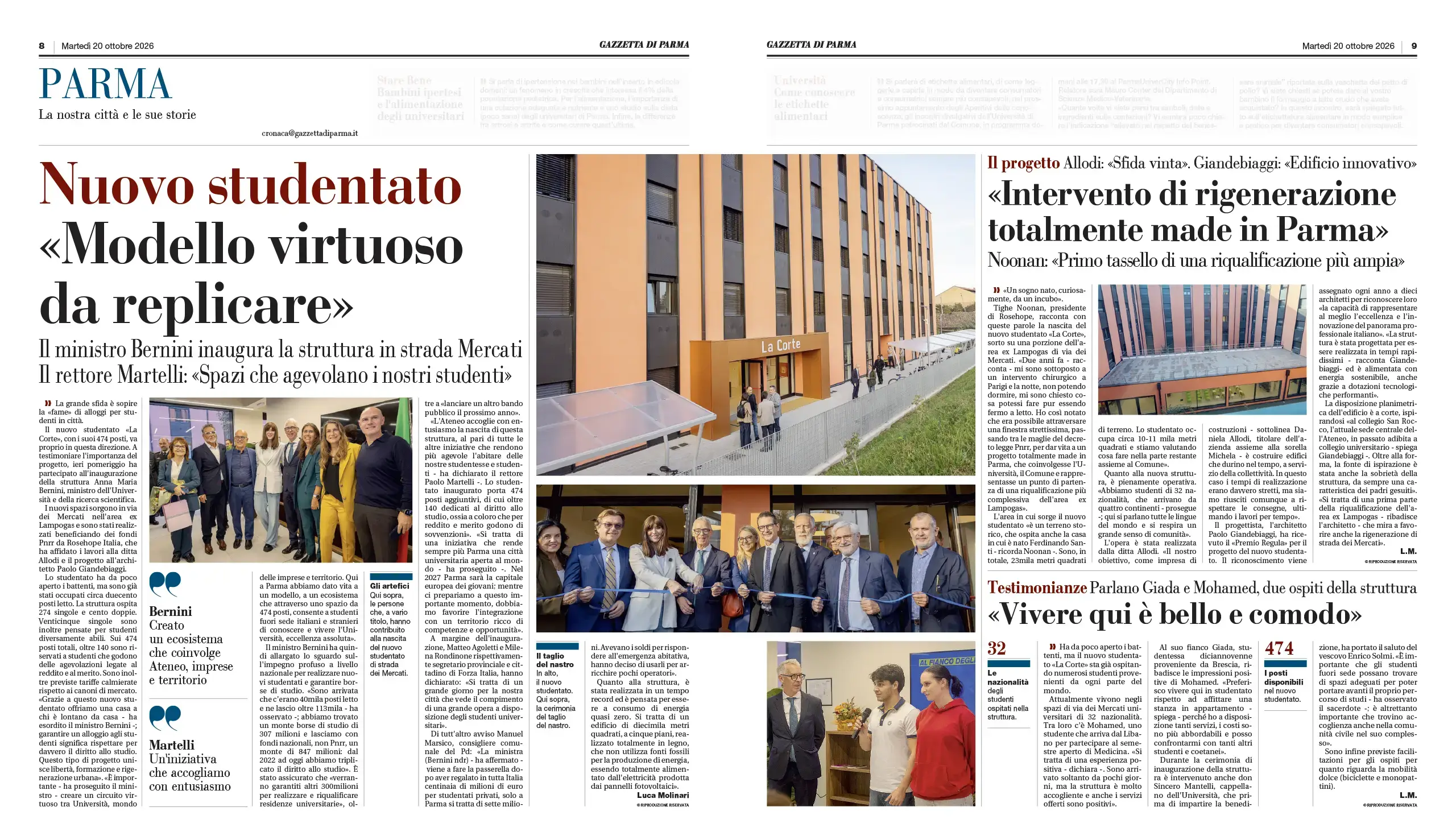 Nuovo studentato La Corte - Pagina Gazzetta di Parma 20 ottobre 2026